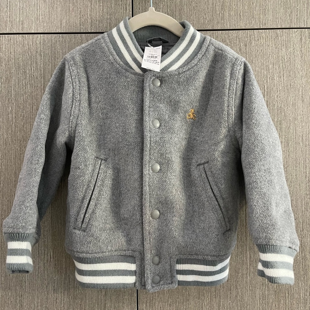 Gray Varsity Style jacket with Ribbed Cuffs and Cozy Fleece Material